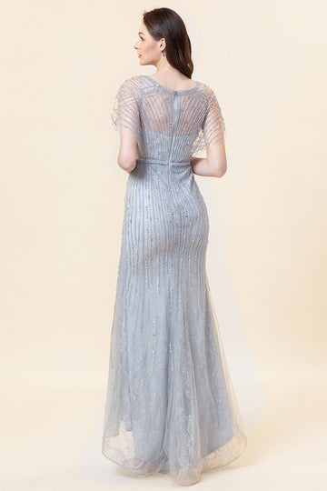 Vestido Largo de Noche Con Cuentas Sirena Gris